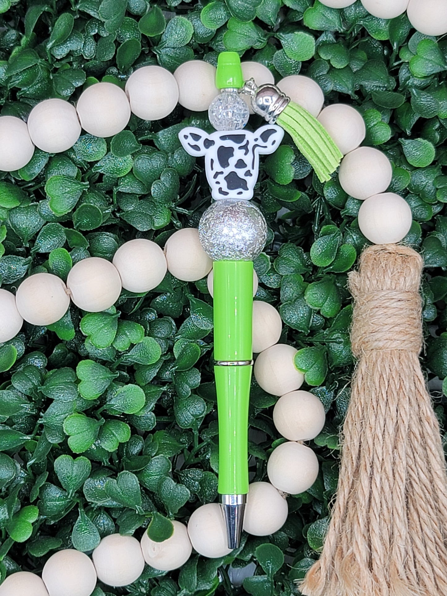 Green & Silver Cow Beaded Pen