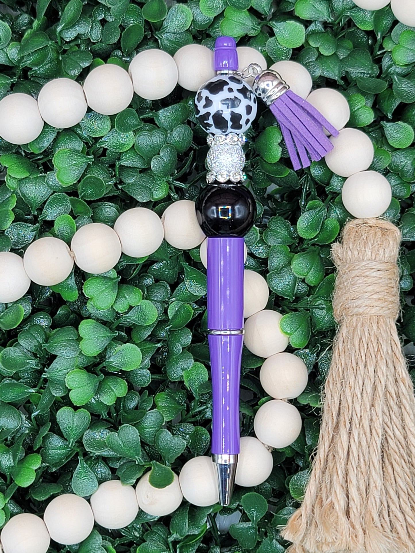 Purple & Cow Print Beaded Pen