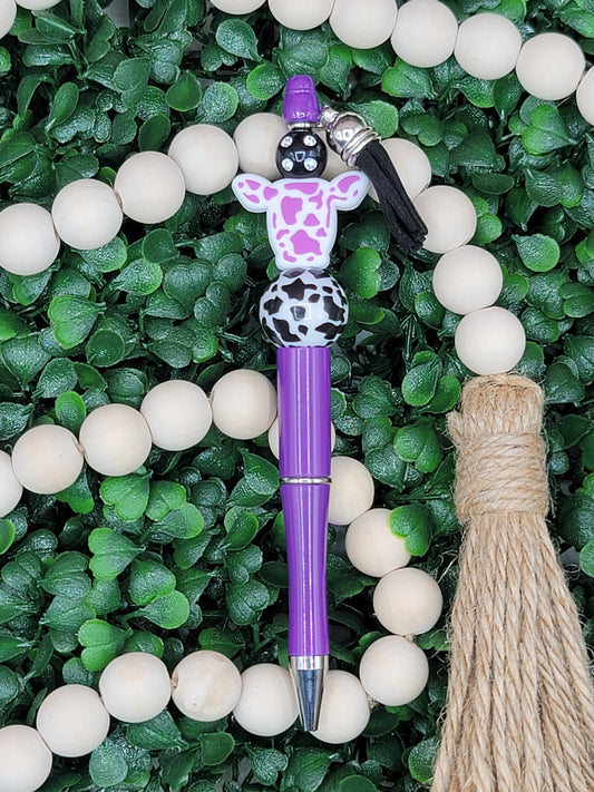 Purple & Black Cow Beaded Pen