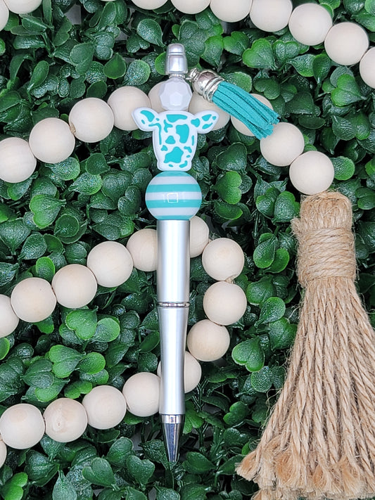 Teal & White Cow Beaded Pen