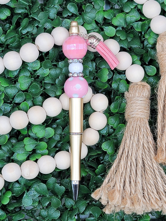 Gold, Pink & White Beaded Pen