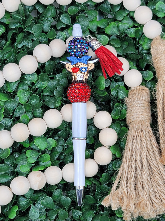 American Flag Highland Cow Beaded Pen