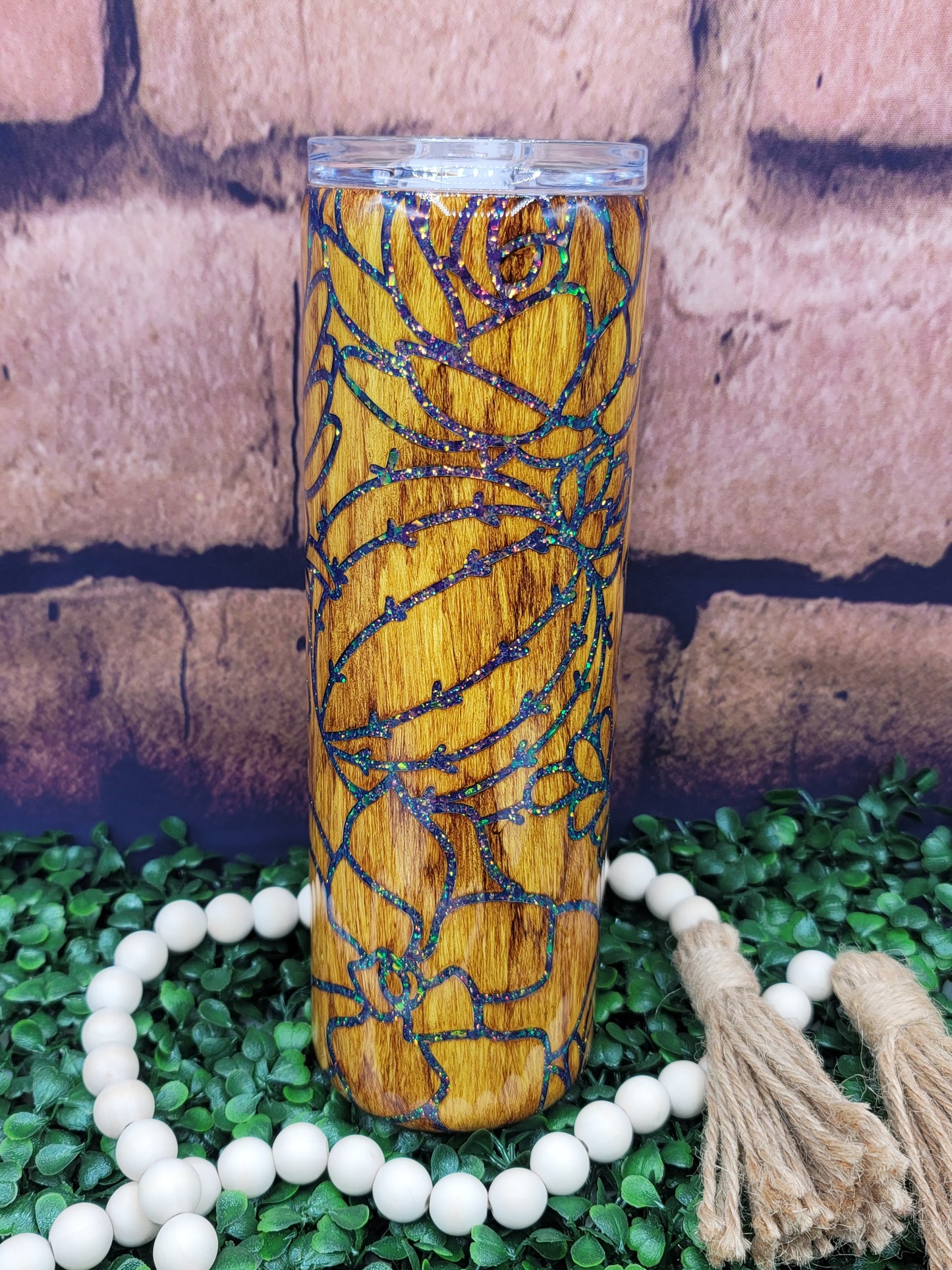 Succulent Glitter & Wood Grain Tumbler