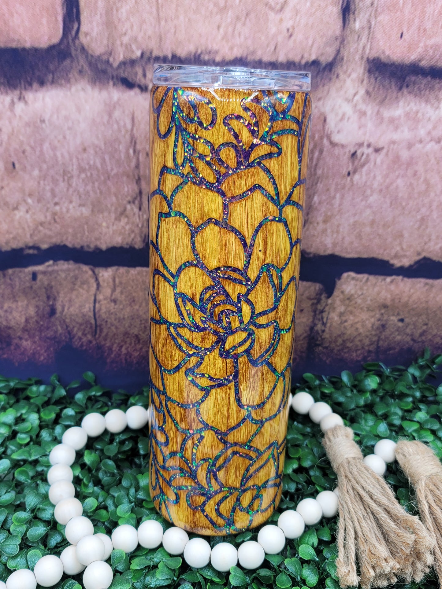 Succulent Glitter & Wood Grain Tumbler