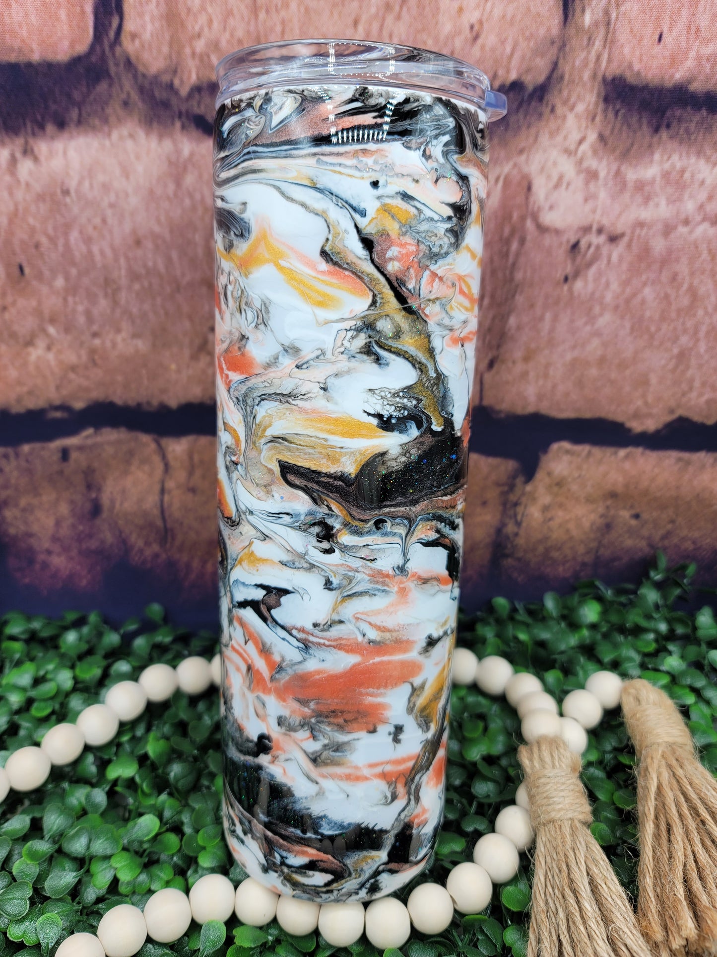 30 oz.- Black, White, Peach & Gold Swirl Tumbler- READY TO SHIP