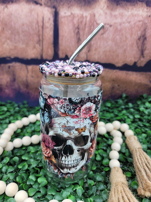 Floral Skull Libbey w/ Pearl Lid